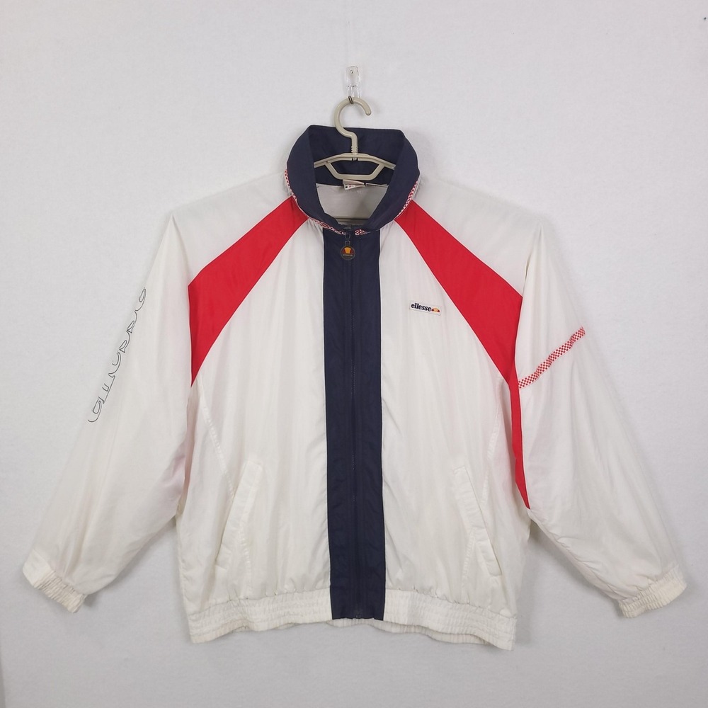 Vintage Ellesse Jacket Mens 44 White Red Colorblock Full Zip Windbreaker 80s